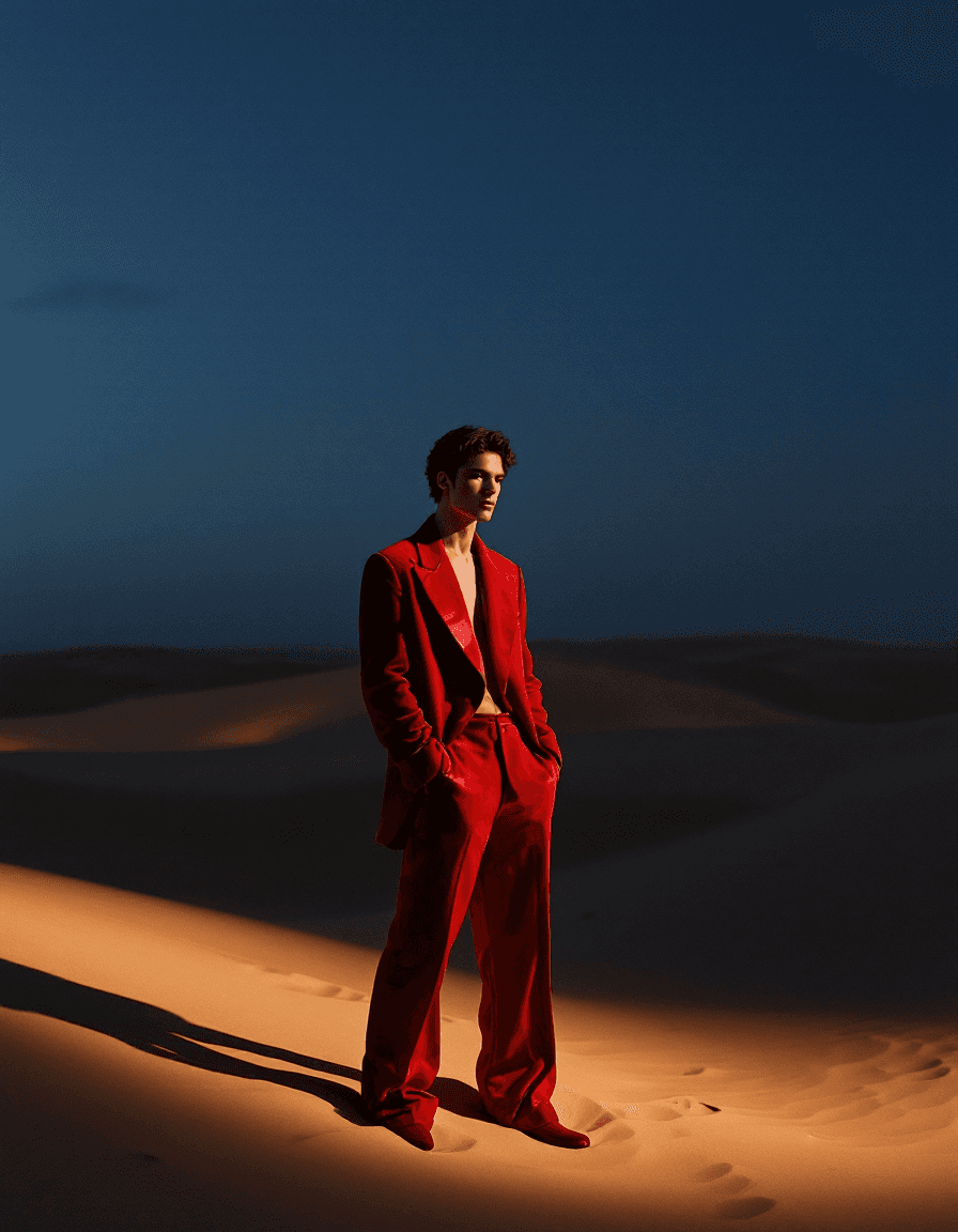 man in red suit posing in the night